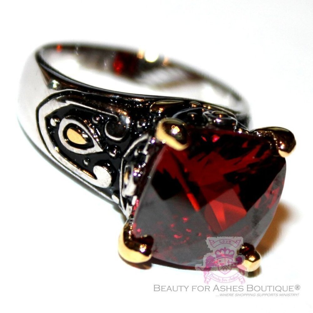 Throne Room Two Tone Gold Plated Checker Dark Red Garnet Glam CZ Ring Size 5